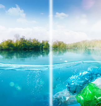 Divided picture with blue water and water with plastic bottles, trees in the background.