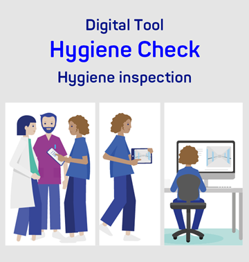A graphic motif showing a digital hygiene inspection in a hospital
